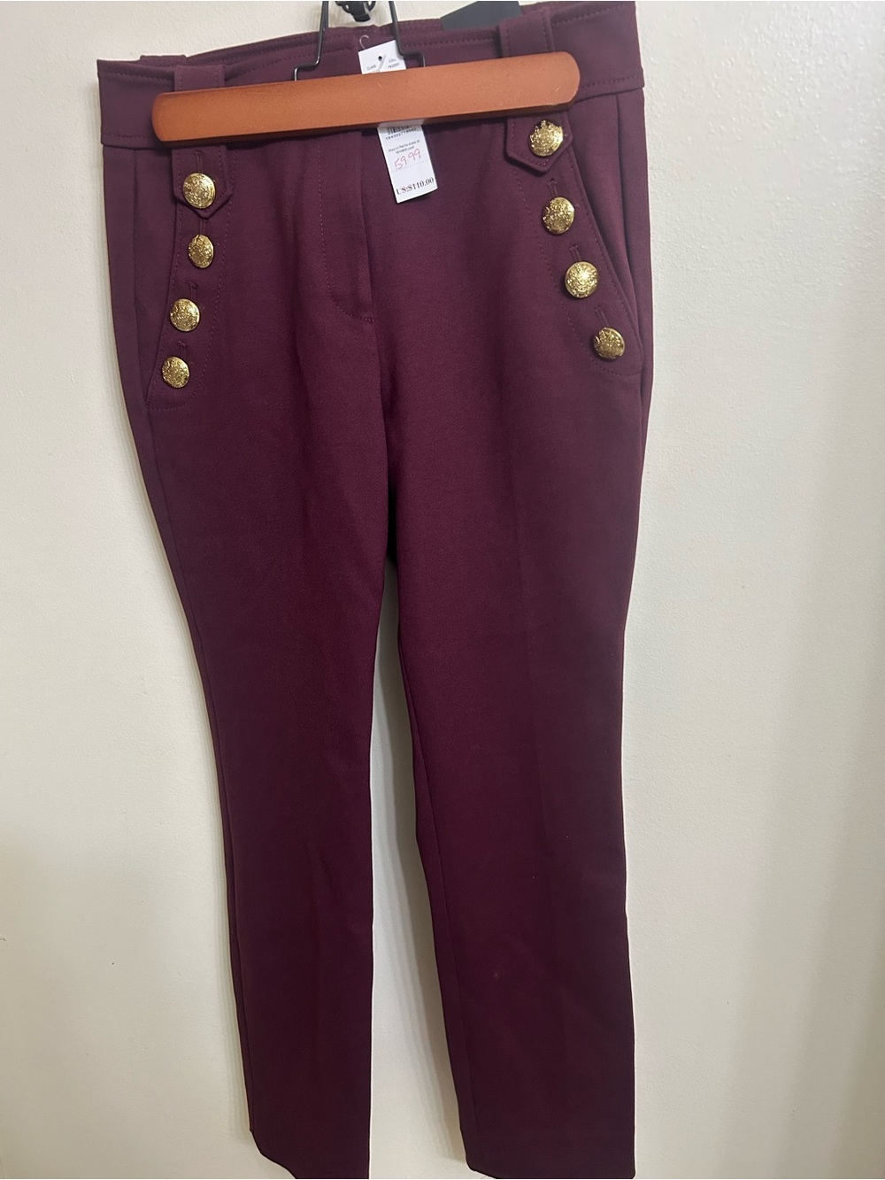 White House Black Market Burgundy Slim Sailor Pants with Gold Buttons